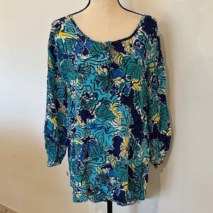 Casey Key Floral Print Women's Top Tunic - Blue and Yellow Large